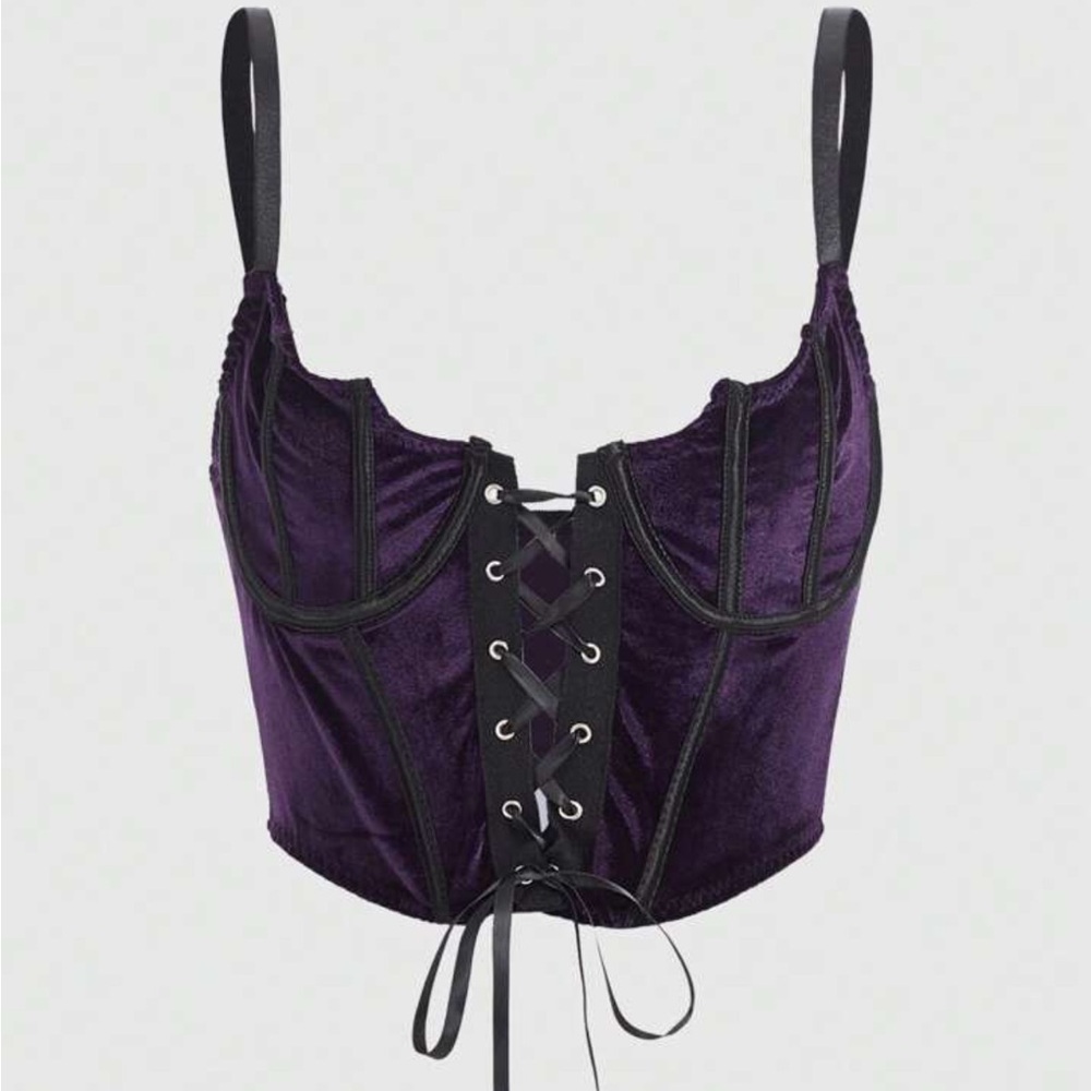 ROMWE Dark Purple Velvet Gothic Fairy Grunge Lace Up Corset Top Size 2XL - Picture 3 of 7